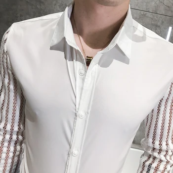 Intimky dlouhý Rukáv Krajkové Košile Společenské Šaty Košile Camisas Masculinas Klubu Košilku Homme 4xl Black White Pánské 2020 Podzim