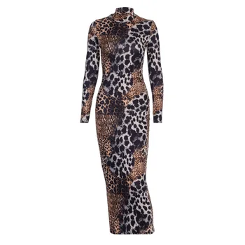 Ležérní Leopard Tisk Patchwork Dlouhý Rukáv Mock Neck Bodycon Dlouhé Šaty 2020 Ženy Sexy Party Šaty Vestido Streetwear